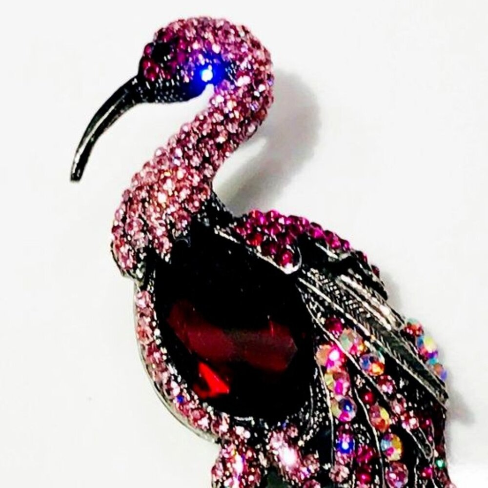 PINK FLAMINGO LARGE RHINESTONE CRYSTAL BROOCH